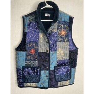 VTG Poetica Patchwork Reversible Button Front Vest Women Size M Blue/Purple